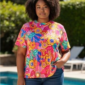NWT Plus Size Floral Peplum Short Sleeve Vibrant Pink Multicolor Top